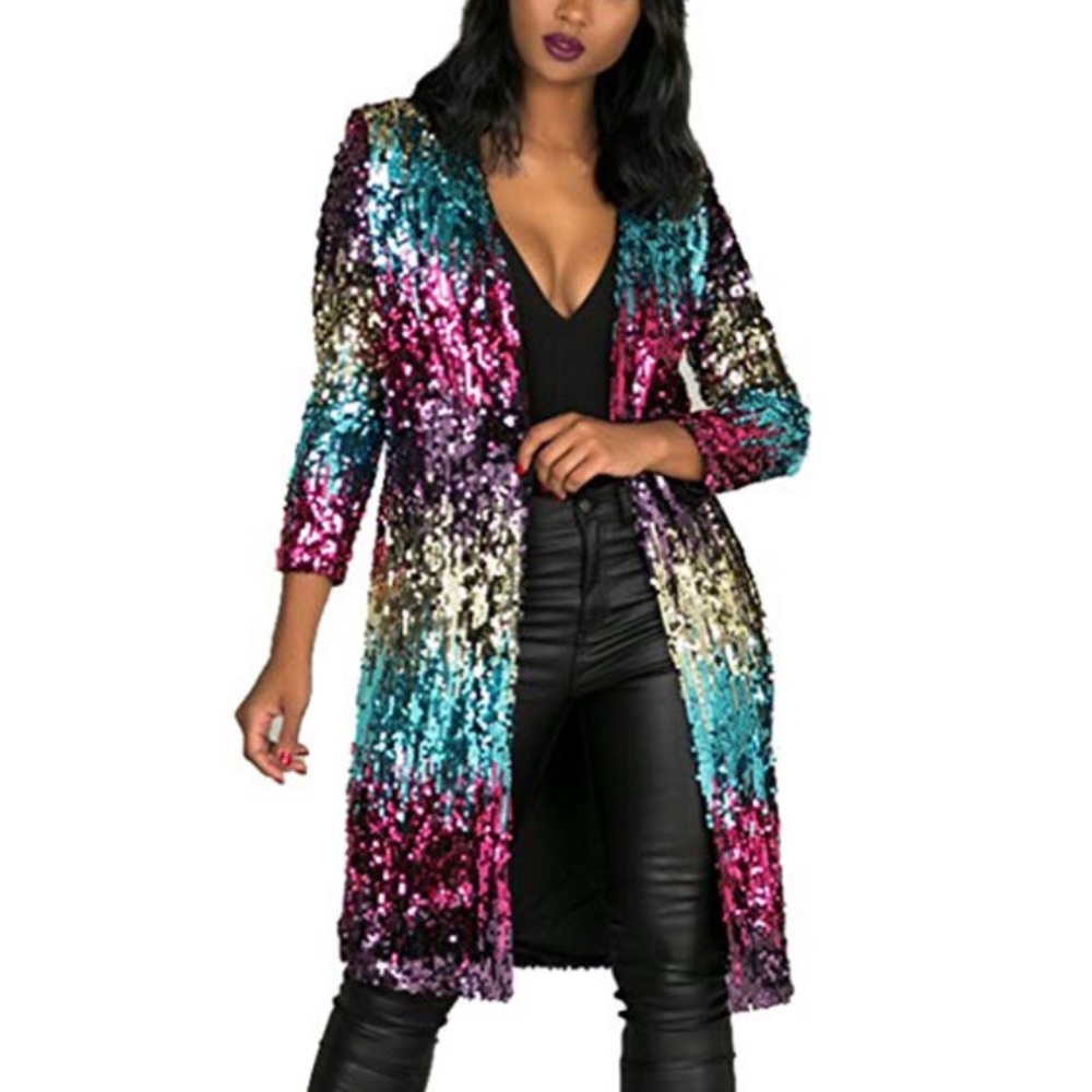 Long Sleeve Sequined Metallic Cardigan Coat